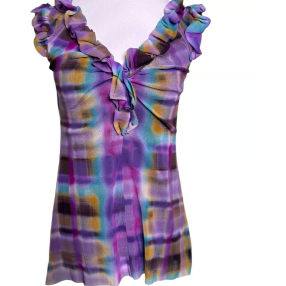 Weston Wear Purple Printed Ruffle Sleeveless Tie Dye Print Top Size Medium